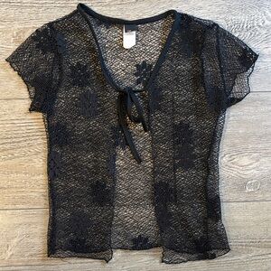 Vintage 90s Y2K Luna U.S.A Black Lace Short Sleeve Open Tie Front Top